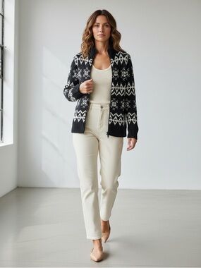 New York & Co Cardigan Ramie  Cotton Knit Zip Front Sweater Black Beige Medium